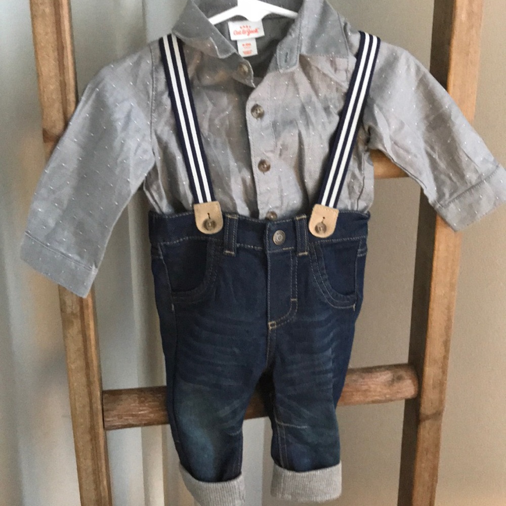 Cat and Jack suspenders and shirt set like new